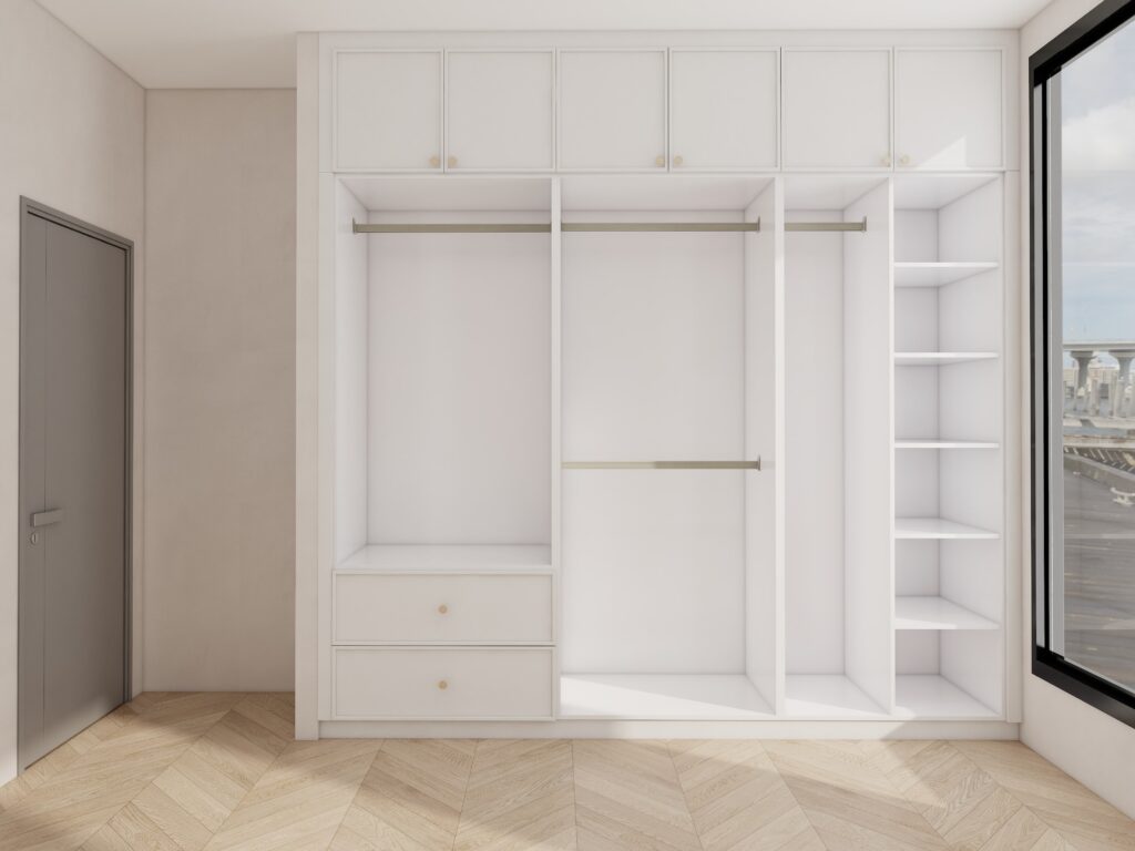 Open layout modern white casement wardrobe with drawers and shelves for bedroom storage