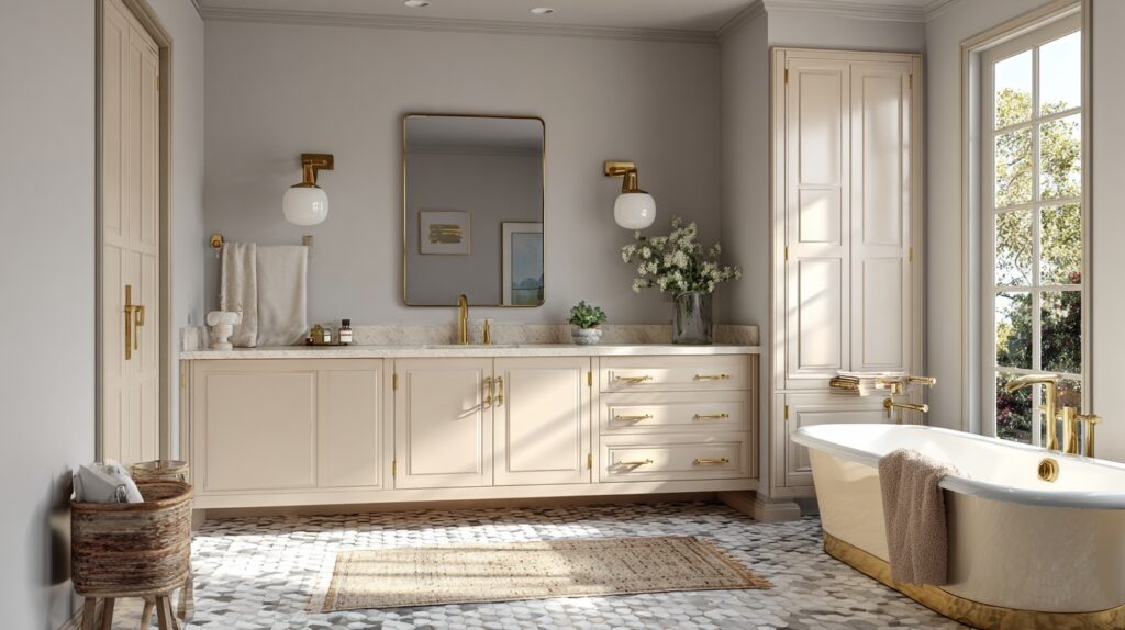 Soft beige cabinets display warm bathroom vanity colors complemented by gold fixtures and natural light.