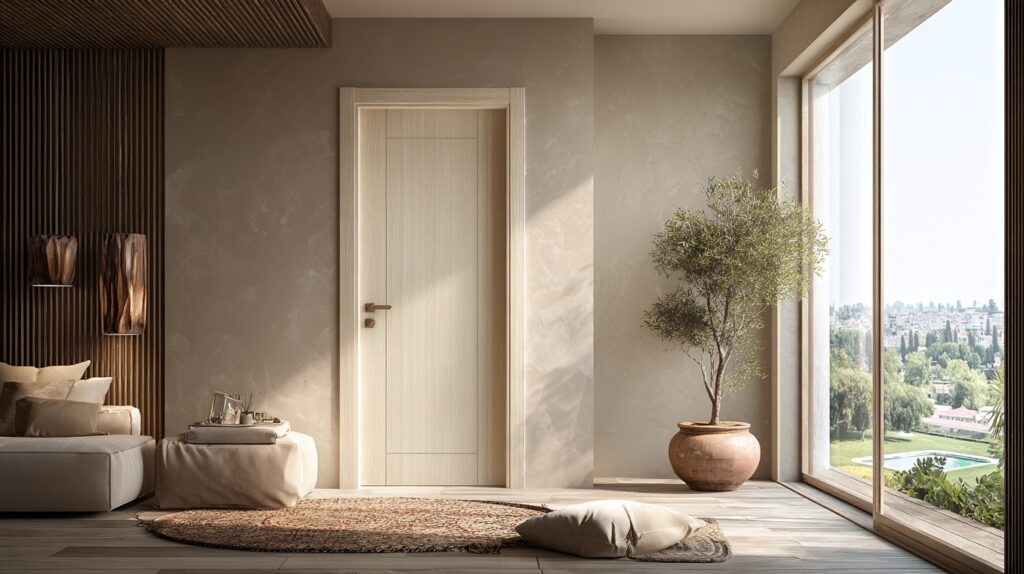 A beige interior door with a minimalist design and subtle color scheme complements the modern decor of the room.