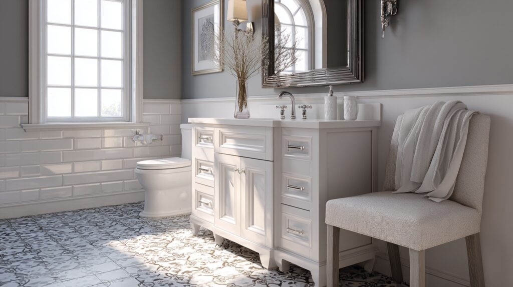 Classic white vanity illustrates neutral bathroom vanity colors in a bright tiled bathroom space.