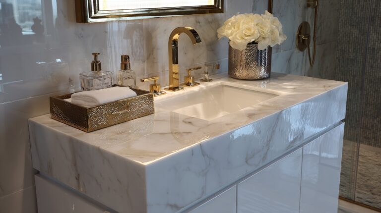High-gloss acrylic cabinets in a hotel bathroom offering a sleek and modern appearance with easy-to-clean surfaces.