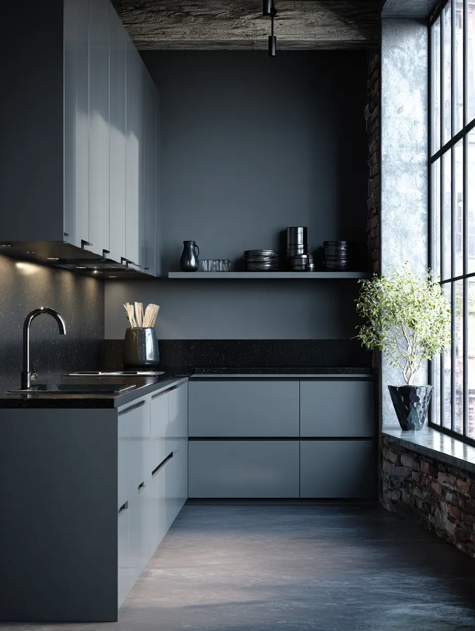 Grey Kitchen Cabinets with Black Countertops