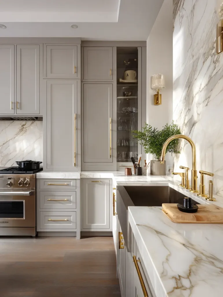 Grey Kitchen Cabinets with Gold Handles