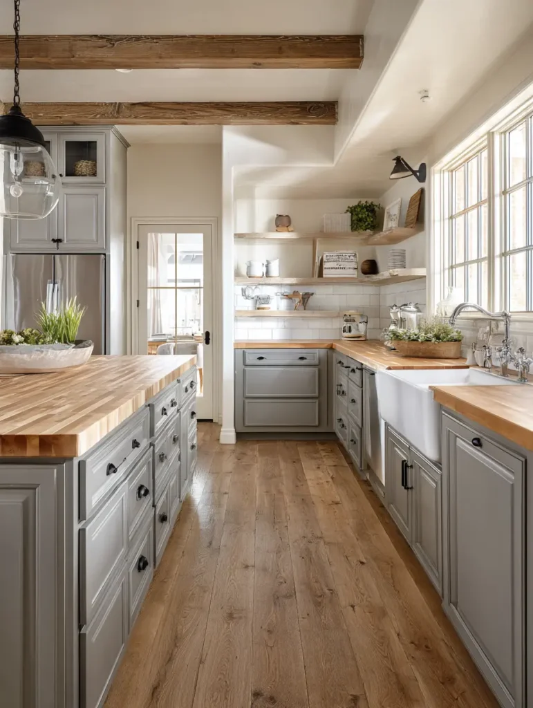 Farmhouse Grey Kitchen Cabinets with Butcher Block Countertops