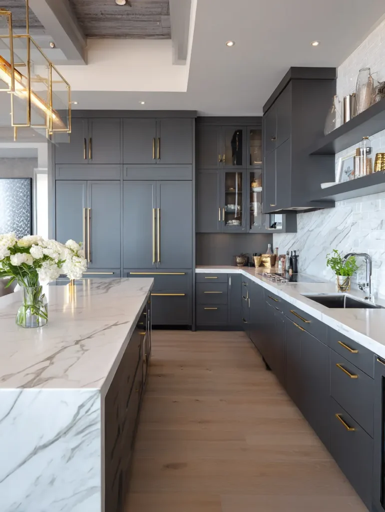 Dark Grey Cabinets with White Countertops