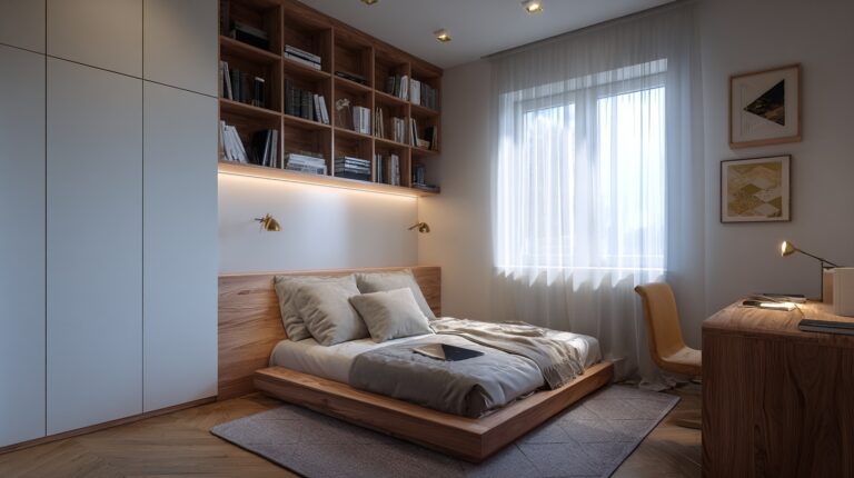 Apartment cabinets with built-in wood shelving over bed