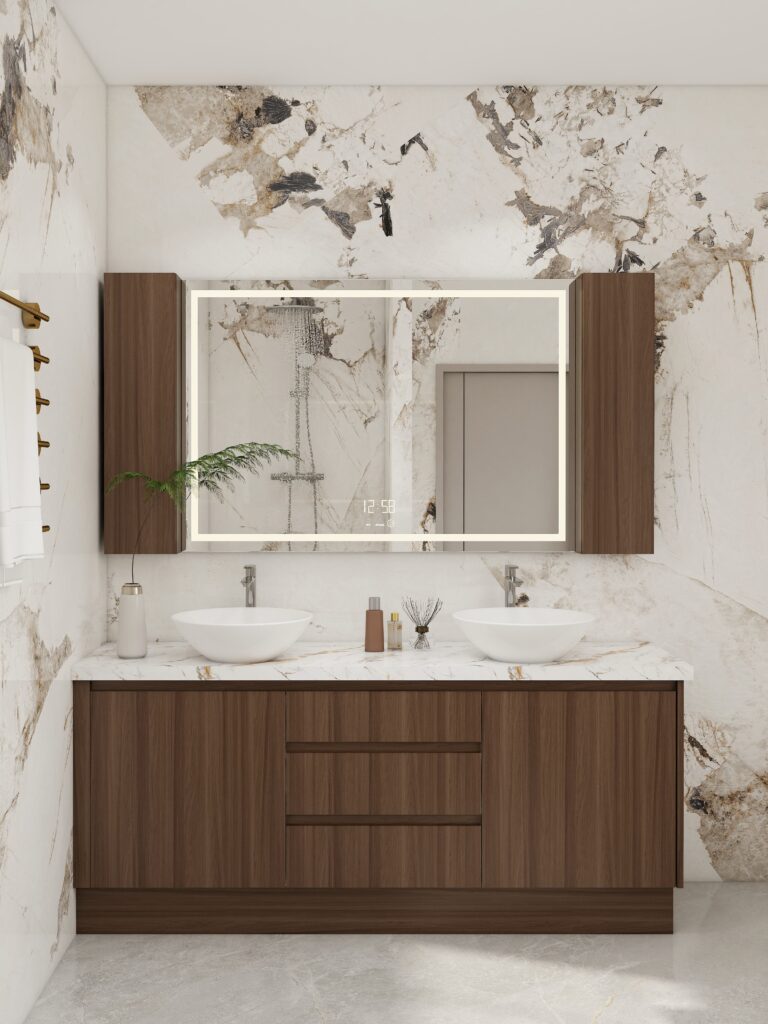 Wall-mounted hotel bathroom cabinets with double sink vanity and LED mirror in a modern marble setting