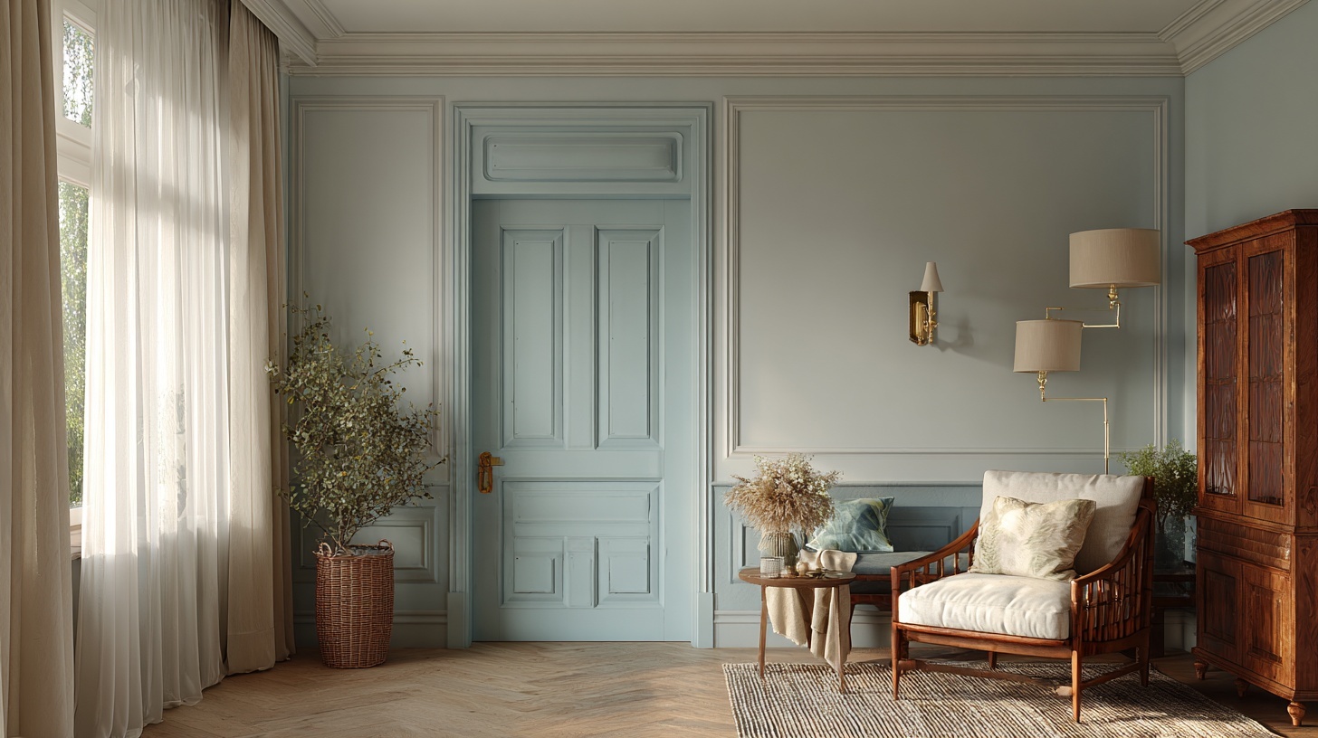 A subtle blue interior door introduces a soft pop of color while maintaining an elegant design within the living room.