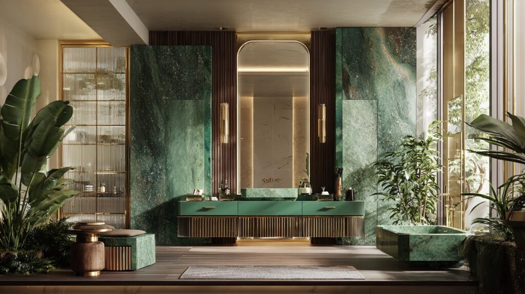 Rich emerald bathroom vanity cabinet colors blend with green marble walls and brass accents for a luxurious design.