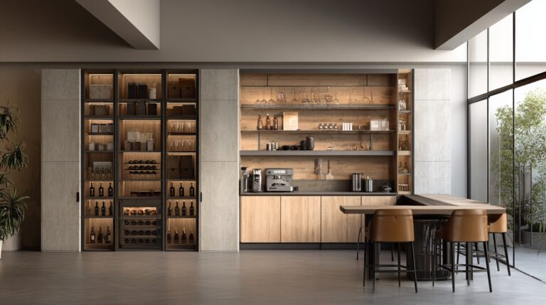 Cabinets for apartment building with multifunctional storage and open shelving