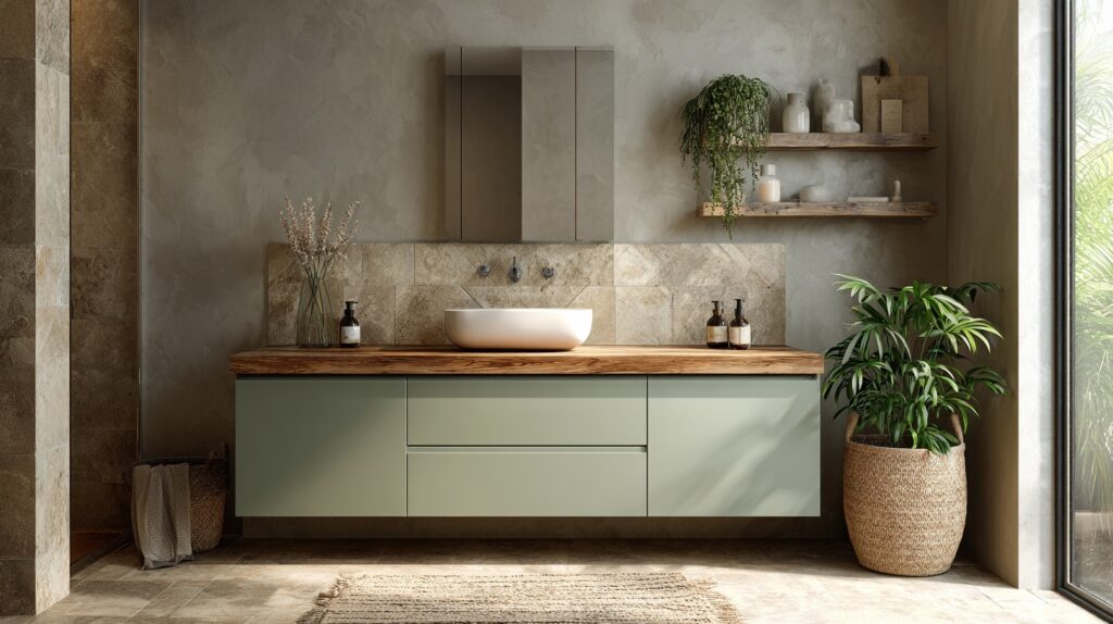 Sage green floating vanity highlights subtle bathroom vanity colors matched with wood countertop and potted greenery.