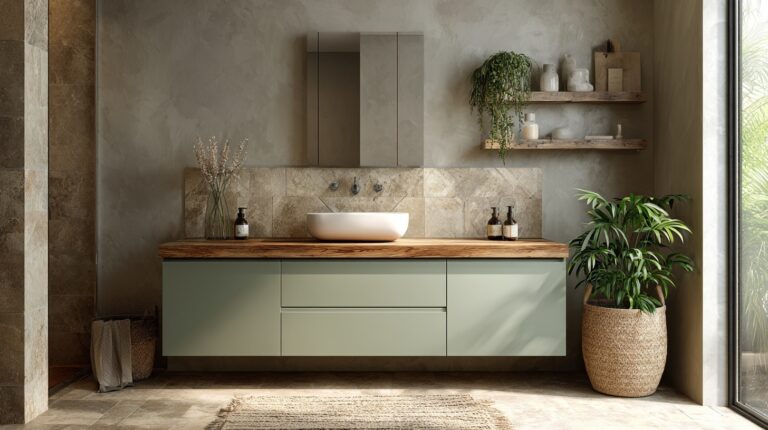 Blog 9 Sage green floating vanity highlights subtle bathroom vanity colors matched with wood countertop and potted greenery.