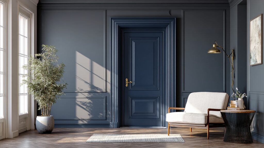 A navy blue interior door adds bold contrast and sophistication to the room's modern design elements.