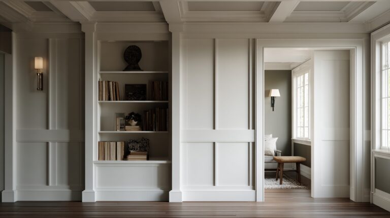 White in-wall recessed cabinets in living area with decorative shelving
