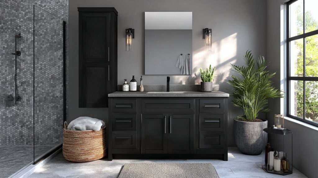 Matte black vanity introduces bold bathroom vanity colors contrasting with gray mosaic tile shower and light walls.