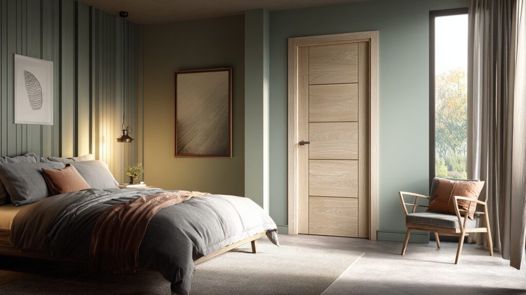 A wood-finish interior door brings a natural, warm aesthetic to the room, enhancing its cozy and rustic ambiance.