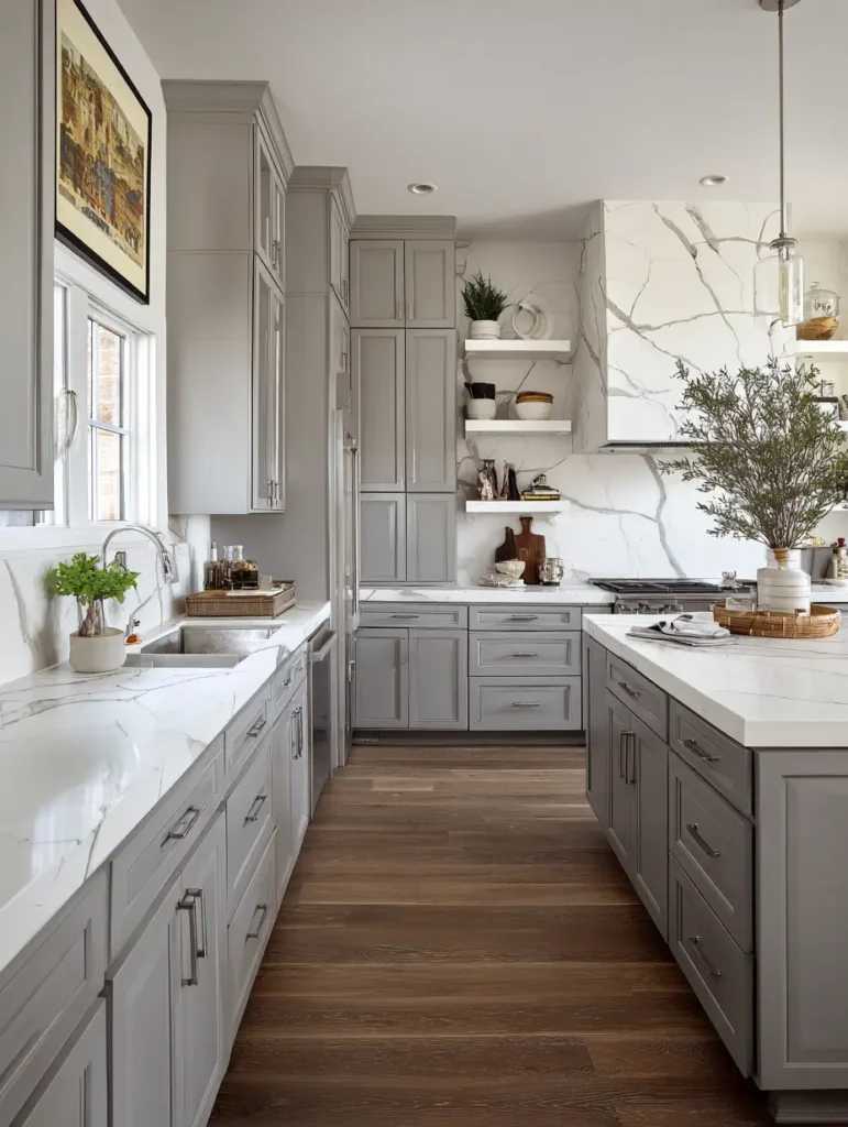 Grey Cabinets with White Countertops
