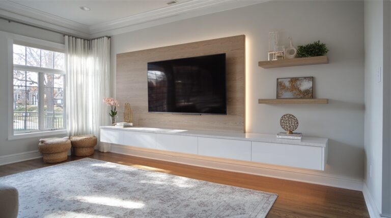 Modern open shelving cabinets with floating TV unit in apartment