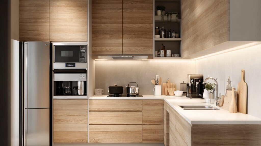 10 Stunning Apartment Cabinets Designs for Indonesian Interiors 1 Modern wood kitchen with apartment cabinets in natural finish and integrated appliances