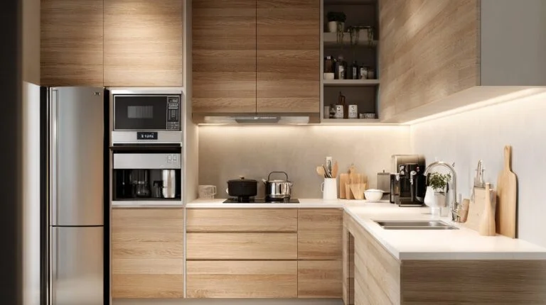 Modern wood kitchen with apartment cabinets in natural finish and integrated appliances