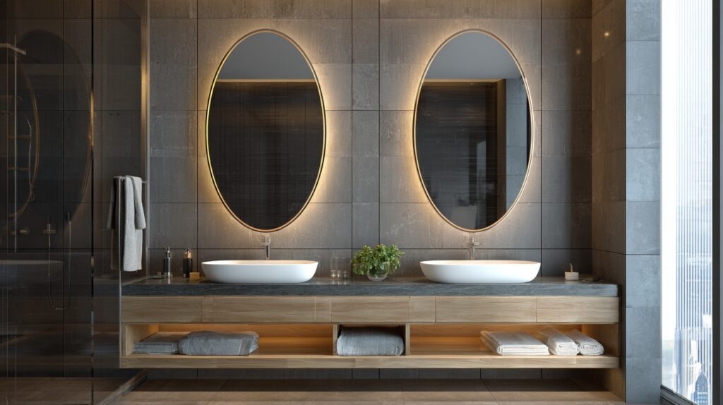 Mirror cabinet with integrated LED lighting, offering a modern and sleek design, perfect for hotel bathroom cabinets setups.