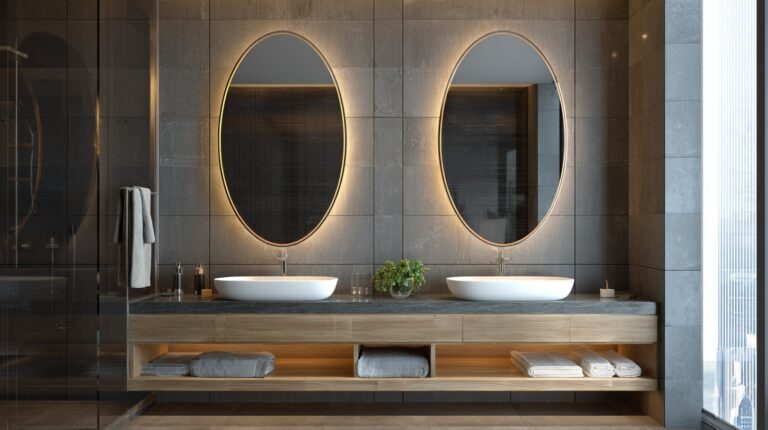 Blog 5 Mirror cabinet with integrated LED lighting, offering a modern and sleek design, perfect for hotel bathroom cabinets setups.