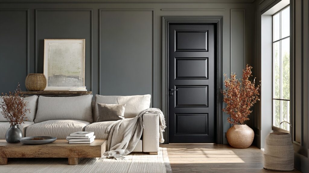 A sleek black interior door offers a contemporary and elegant design choice, creating a bold statement in the room.
