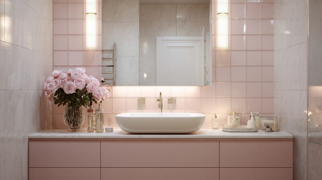 Soft pink vanity showcases playful bathroom vanity colors against pink tile backdrop with fresh floral arrangement.