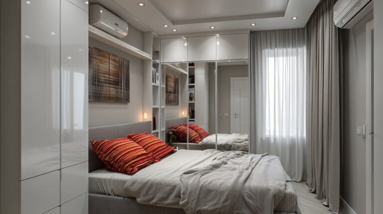 Glossy white apartment cabinets with mirrored doors in a compact bedroom layout