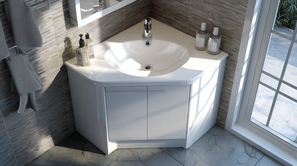 Corner bathroom cabinets featuring elegant design and efficient storage for a space-saving solution in a hotel bathroom.