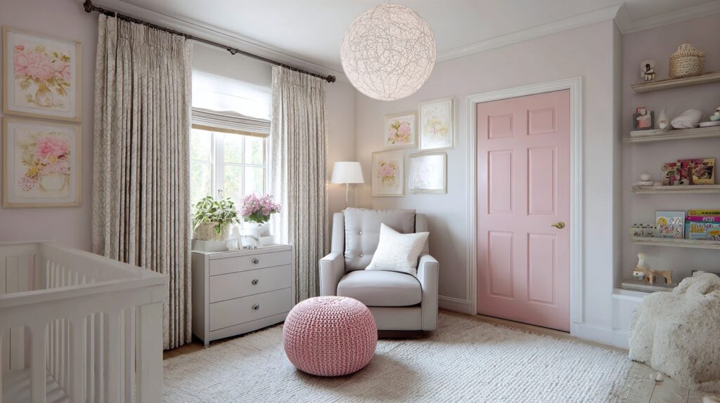 A light pink interior door adds a soft, gentle touch to the nursery, complementing the room's pastel color scheme.