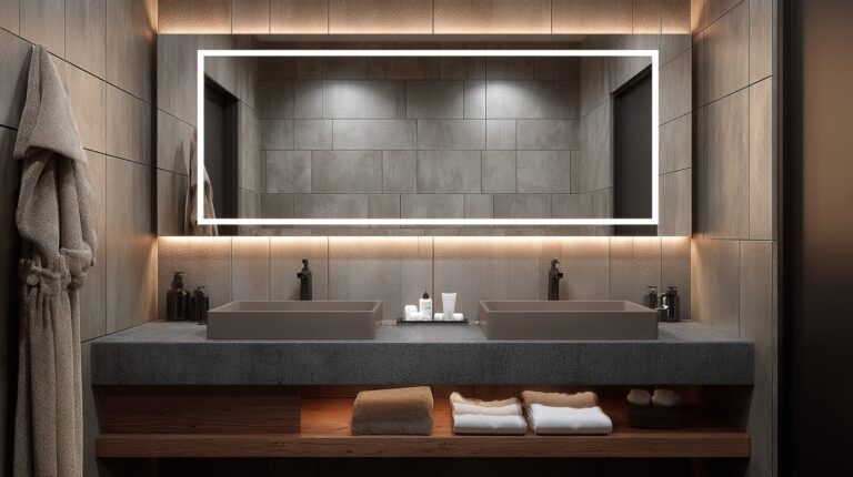 Floating shelf cabinets offering a minimalist design with open storage, ideal for modern hotel bathrooms.