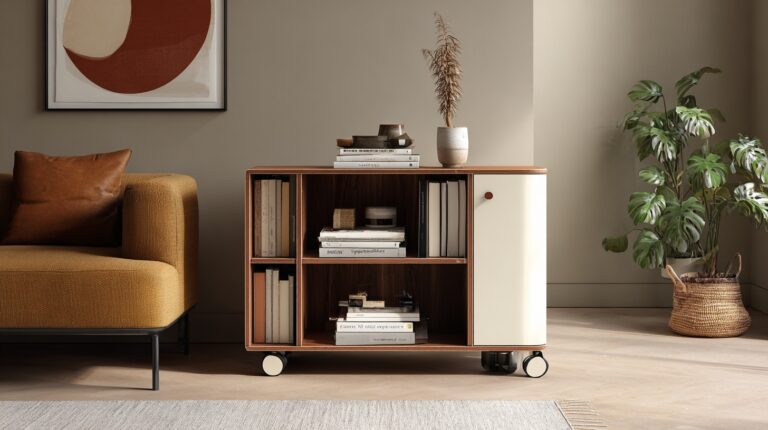 Modular mobile cabinet with bookshelves and wheels in living room setting