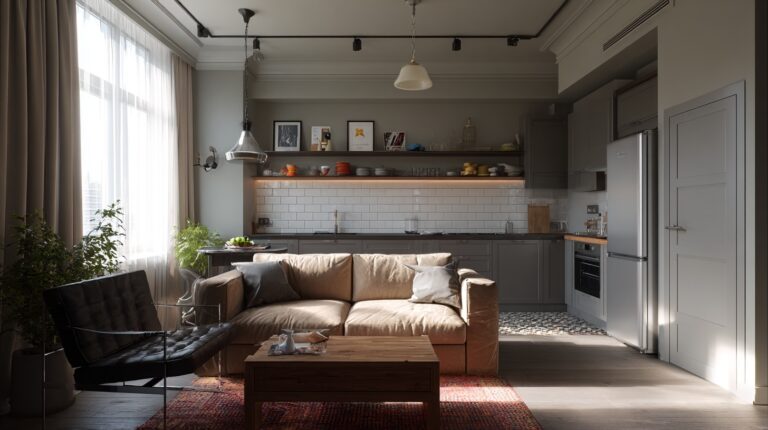 Gray built-in kitchen cabinets for apartment building with open shelving and subway tiles