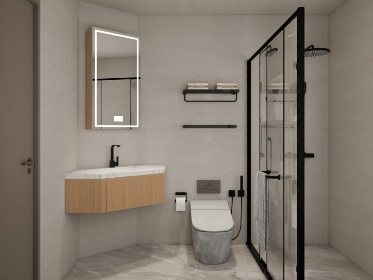Corner hotel bathroom cabinets with integrated LED mirror and minimalist layout