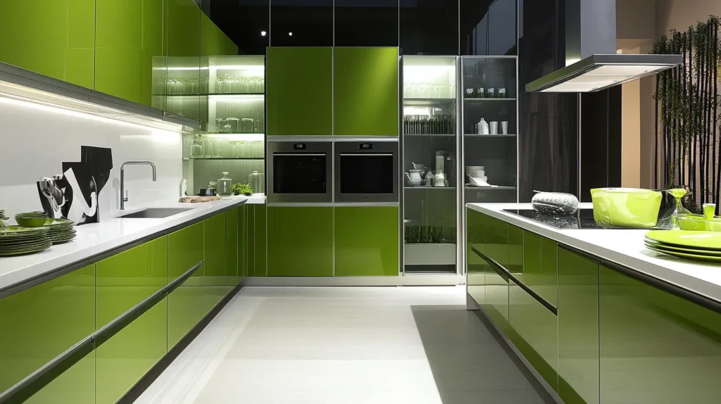 Modern Green Kitchen Cabinets with Glass Inserts