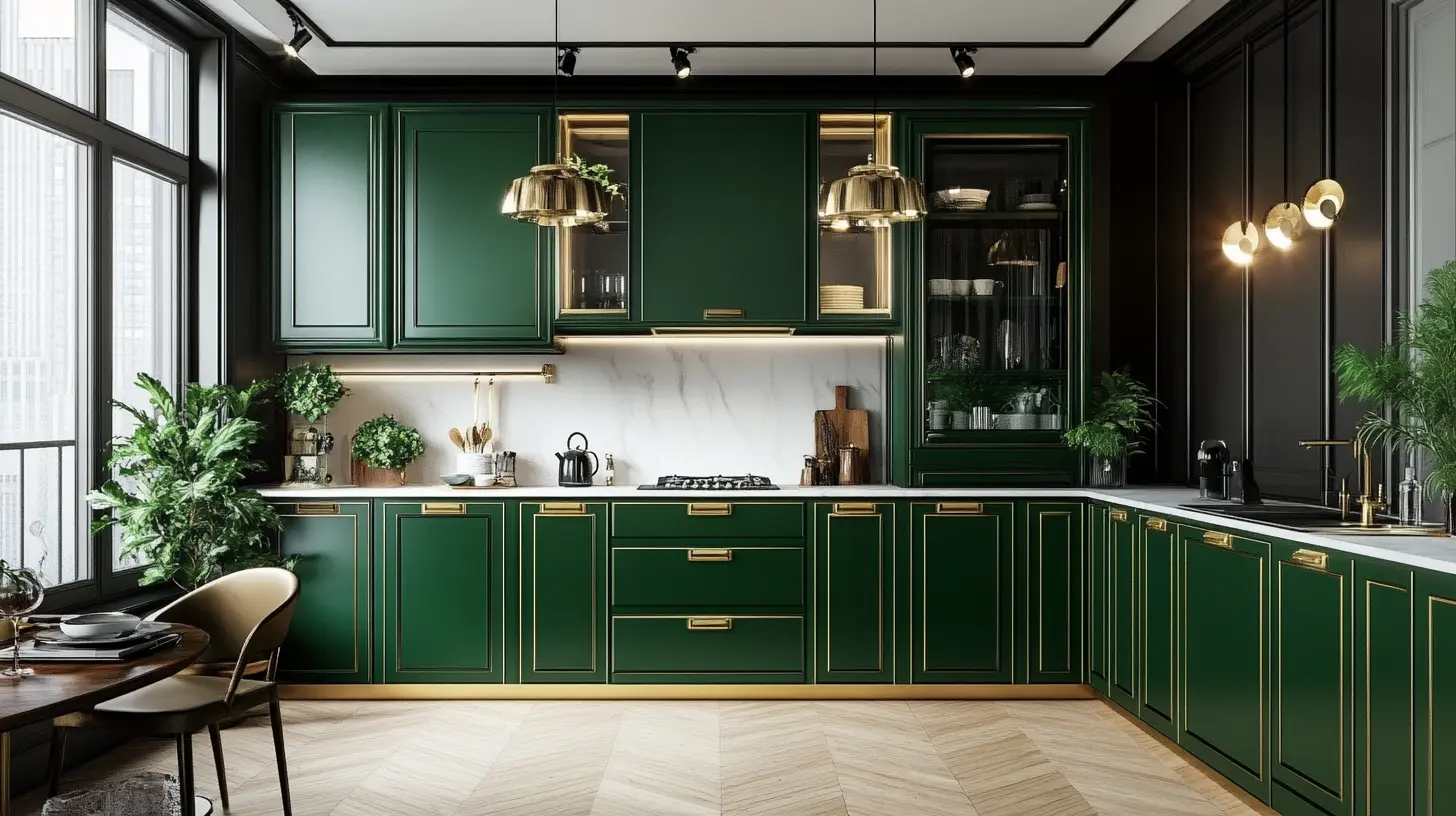 Emerald Green Cabinets with Gold Hardware for Luxury