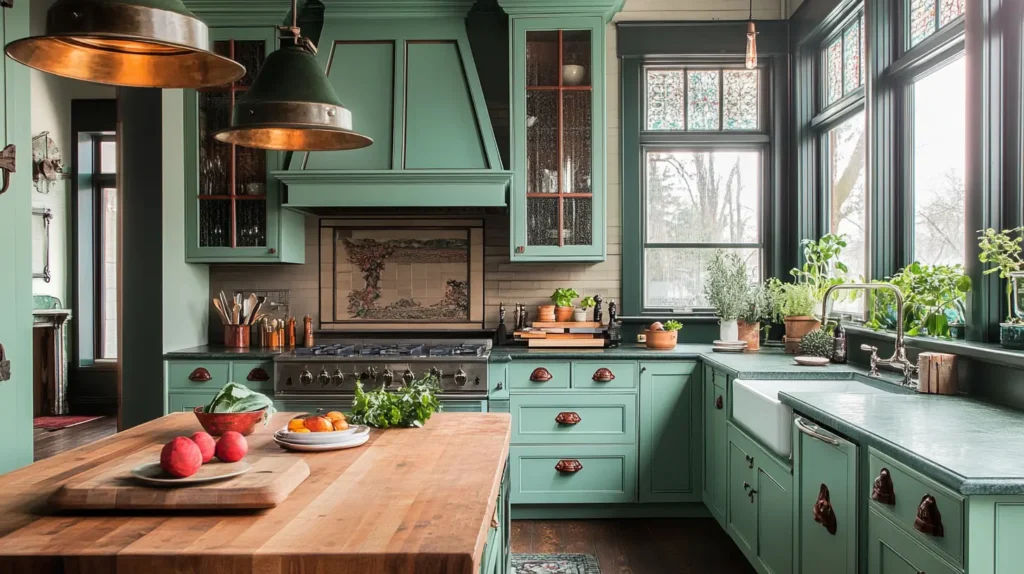 Rustic Sage Green Cabinets with Vintage Hardware