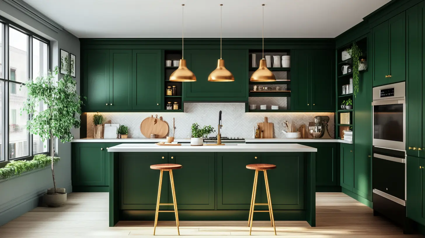 Dark Green Cabinets with White and Green Walls