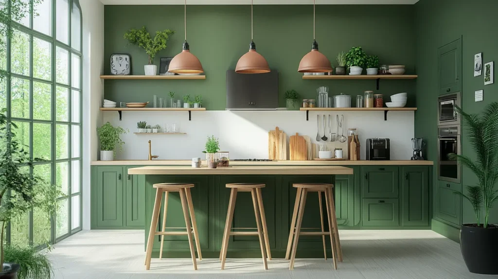 Green Cabinets with White and Wood Accents