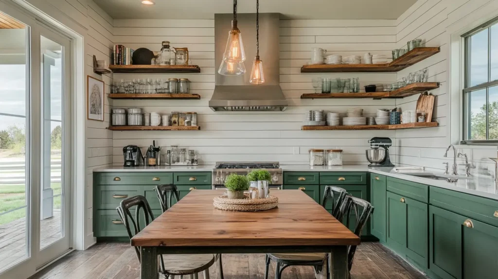 Farmhouse Green Kitchen Cabinets with Open Shelving