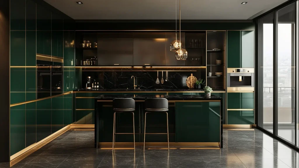 Deep Green Cabinets with Black and Gold Accents