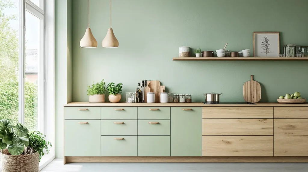Mint Green Cabinets with Light Wood for a Scandinavian Design