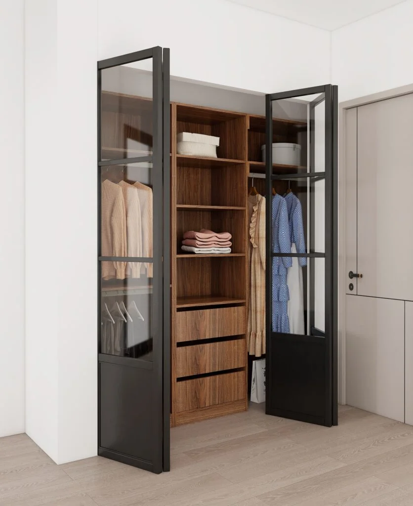 Open black frame glass door wooden wardrobe with wooden shelves drawers and hanging space for modern bedroom