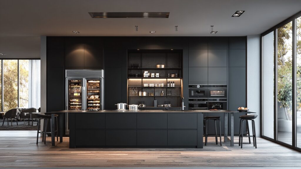Luxury kitchen cabinets with a modern design, stainless steel fridge, and built-in ovens