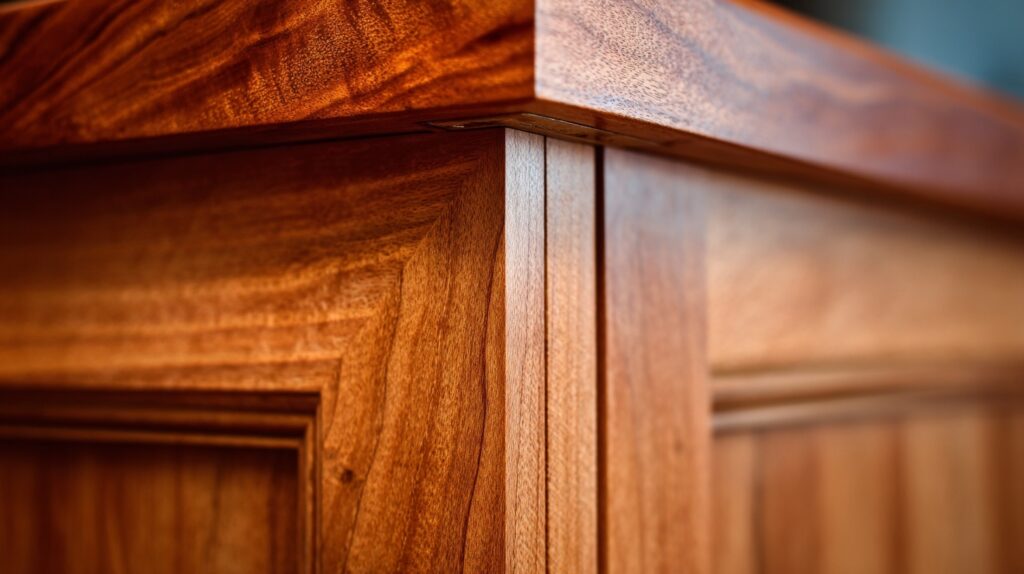 Close-up of custom cherry kitchen cabinets with intricate detailing