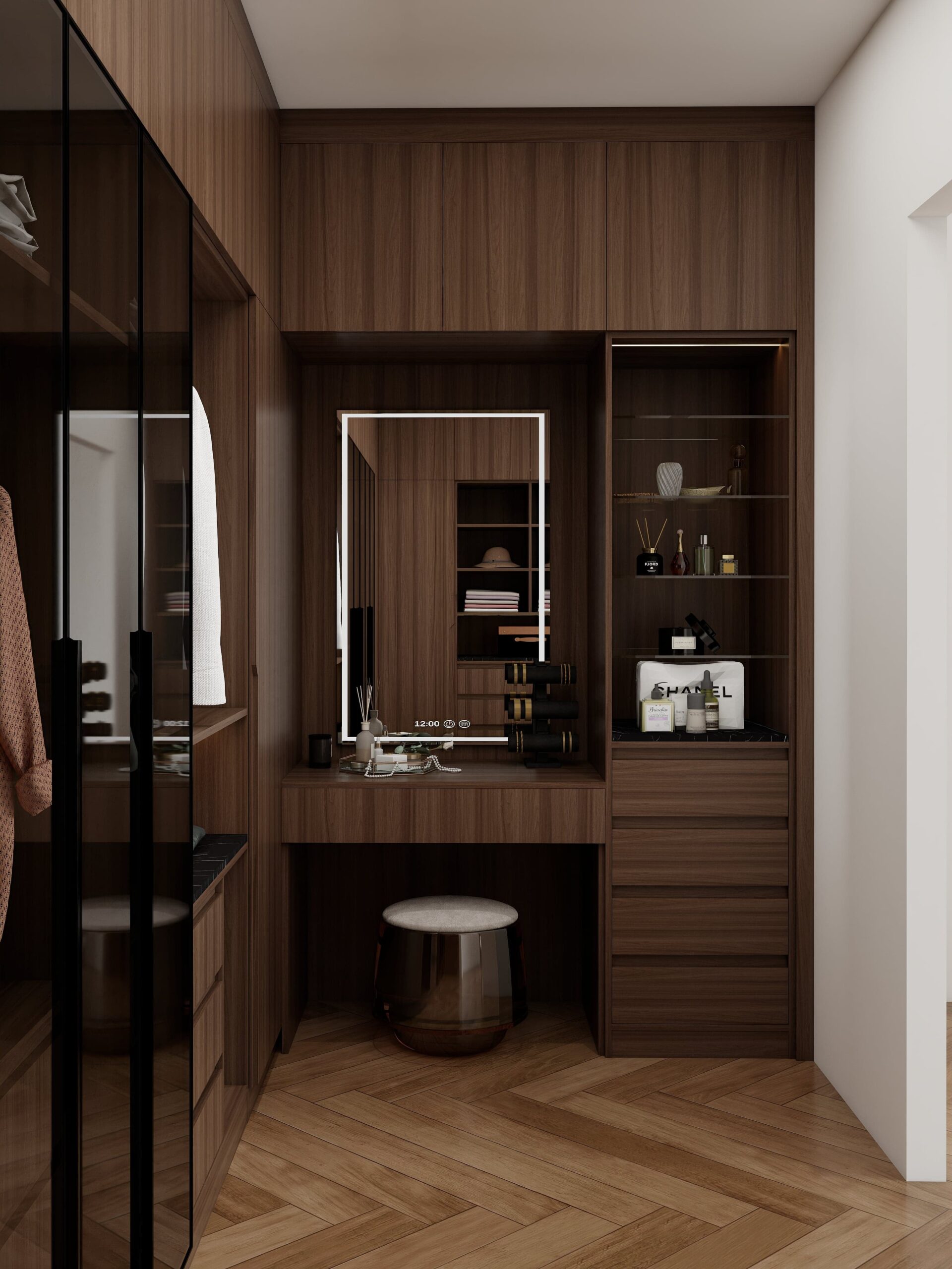 Glass Door Walnut Walk In Wardrobe with integrated vanity dressing table and display shelving