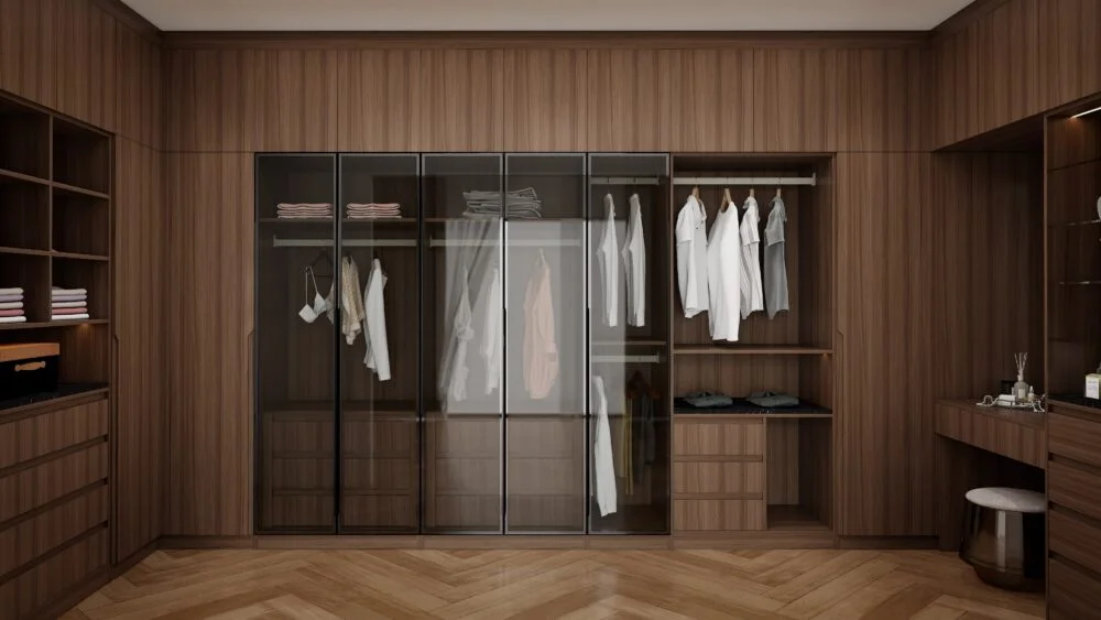 Glass Door Walnut Walk In Wardrobe with hanging rods drawers and open compartments for organized storage