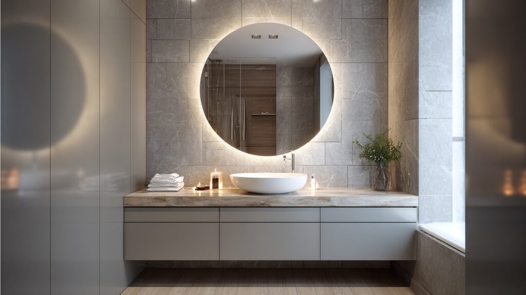 Light gray bathroom vanity with a circular mirror and modern design, perfect for minimalist
