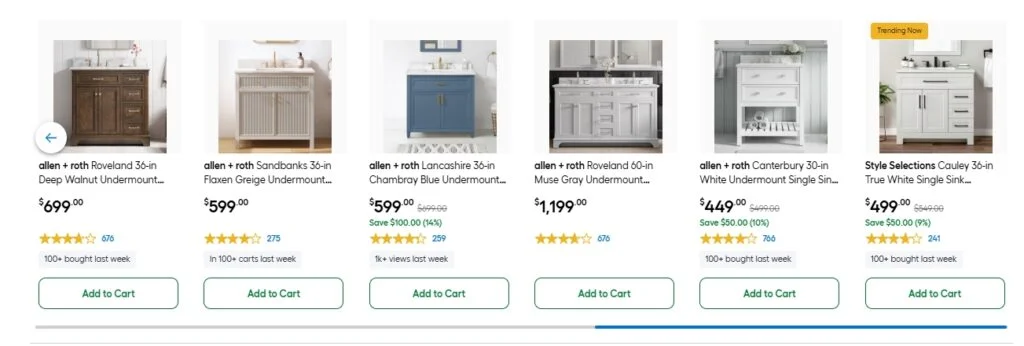 Lowe’s bathroom vanity online store showing various Allen + Roth and Style Selections vanities with prices and ratings.